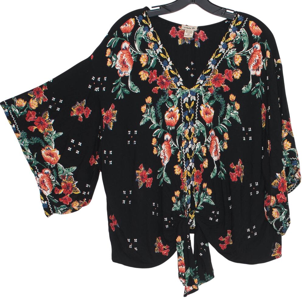 Top Boho Tie Front Dark Floral Black Festival Peasant Oversized Cottagecore L